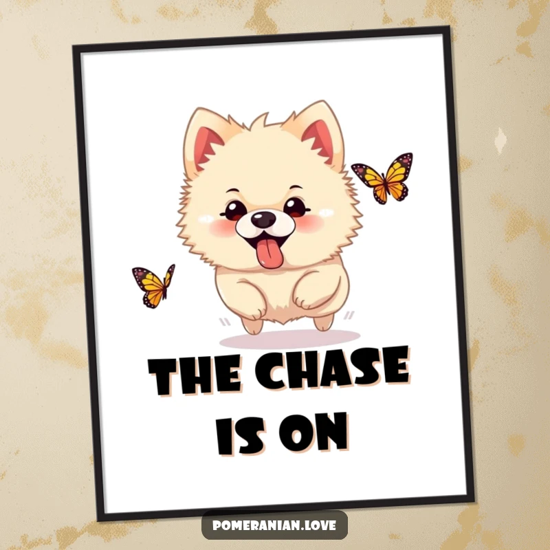 Funny Pomeranian poster, a silly dog with its tongue sticking out, enthusiastically chasing a butterfly, full of playful abandon.