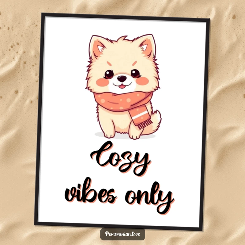Funny Pomeranian cozy scarf poster, a content dog wearing a tiny scarf, looking warm and humorous, charming wall art.