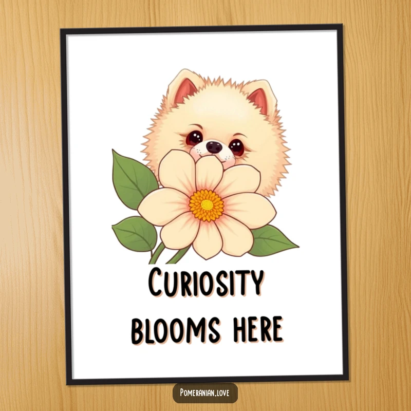Funny Pomeranian dog peeking curiously from behind a large flower, depicted in a charming poster.