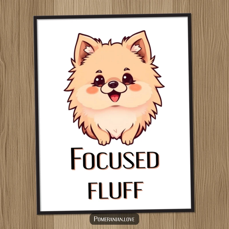 Funny Pomeranian poster capturing a delighted dog with ears perked high, eyes intensely focused on an unseen object, full of curiosity.