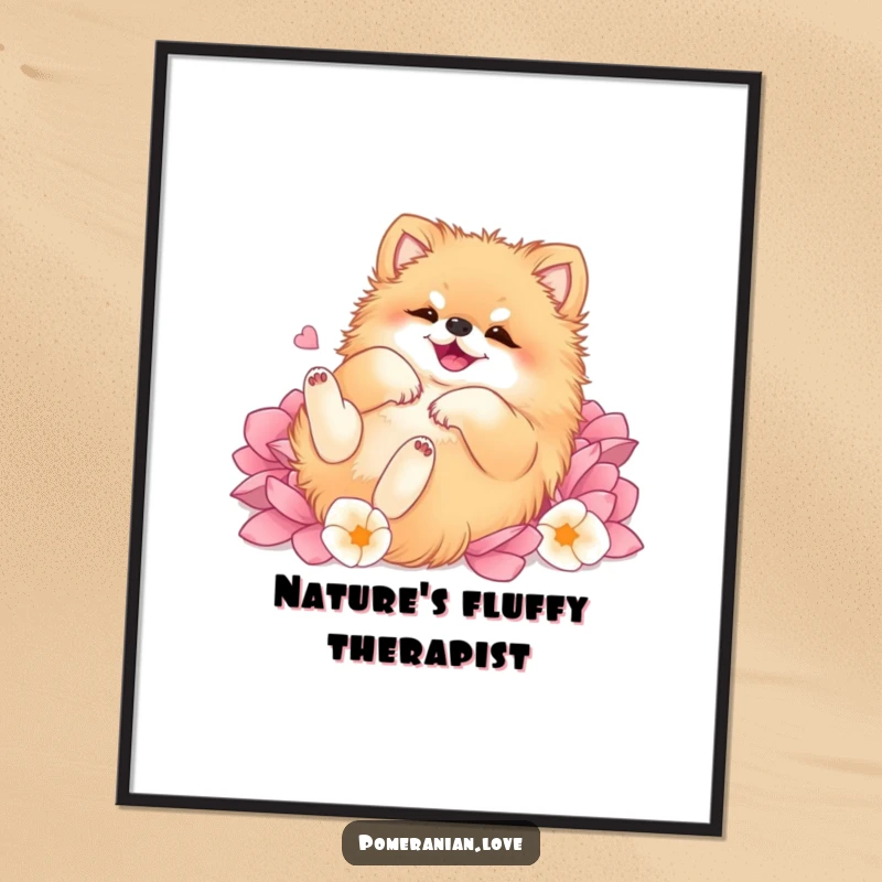 Funny Pomeranian poster, depicting absolute delight as the dog rolls backward in a fluffy expanse of soft, colorful flower petals.