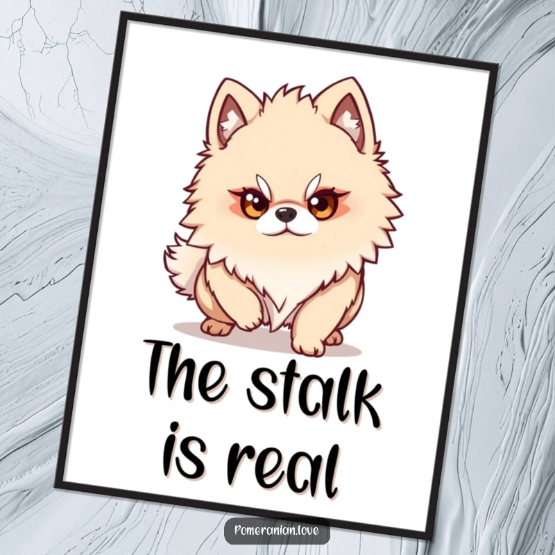 Funny Pomeranian dog character with a laser-focused, determined gaze, coiled and ready to pounce in this dynamic art print.