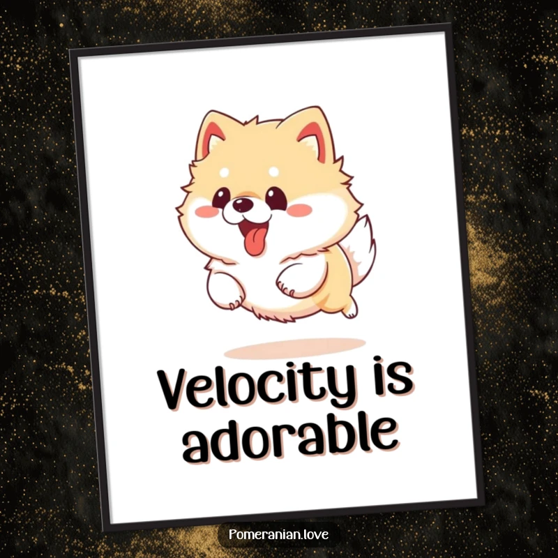 Funny Pomeranian dog running excitedly with its tongue out, featured as energetic wall art on this poster.