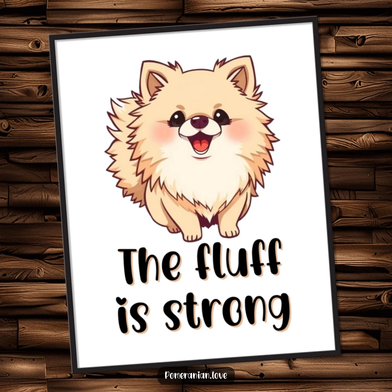 Funny Pomeranian poster capturing a fluffy dog with a bushy tail wagging ecstatically, adding cheerful energy to any room.