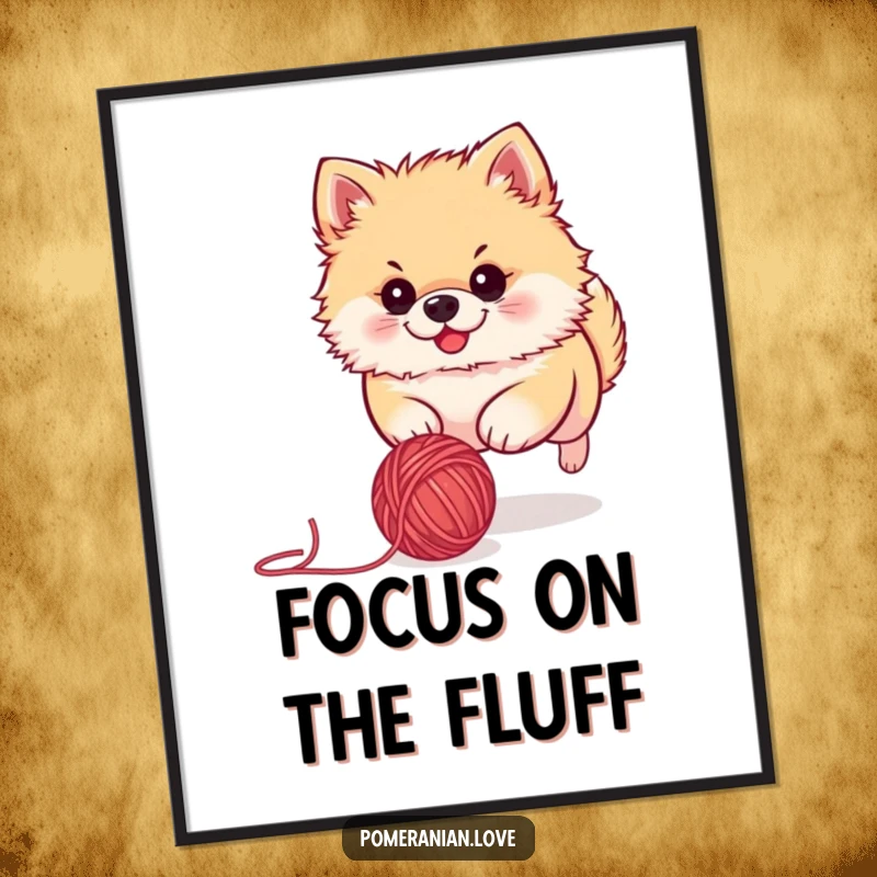 Funny Pomeranian poster showing a cute dog in mid-chase after a rolling ball of yarn, full of playful determination and energy.