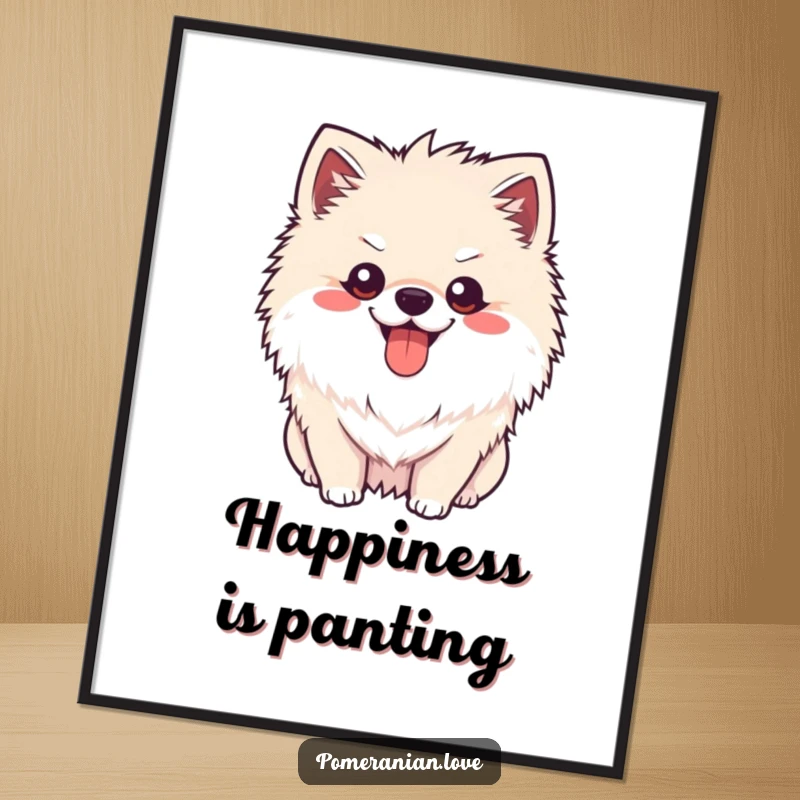 Funny Pomeranian happy pant poster, a cheerful dog with its tongue slightly out, radiating happiness and humor.