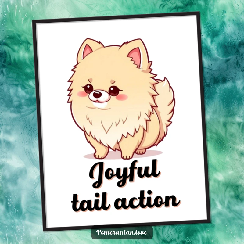 Funny poster art of a proud, fluffy Pomeranian dog standing confidently and wagging its tail with pure, unadulterated happiness.