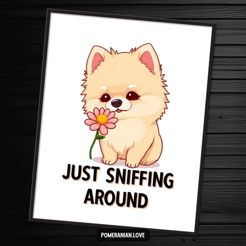 Funny Pomeranian tilting its head, curiously sniffing a bright flower, rendered as charming wall art.