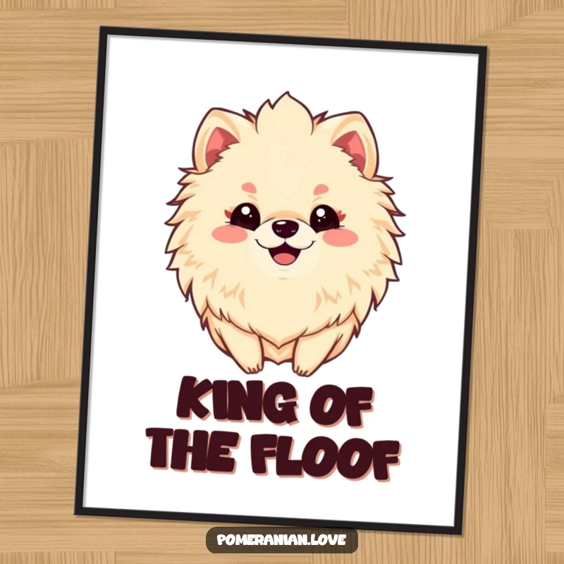 Funny poster showcasing a smiling Pomeranian dog with an exaggeratedly fluffy mane, radiating pure, cheerful energy.