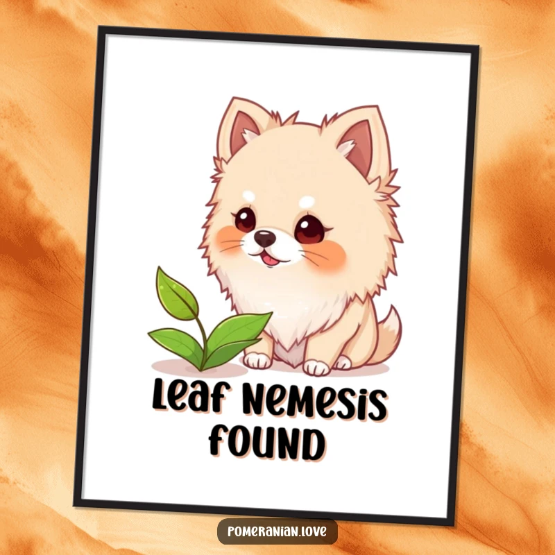 Funny poster art of a Pomeranian dog with fuzzy ears barking with great excitement at a small leaf floating on water.