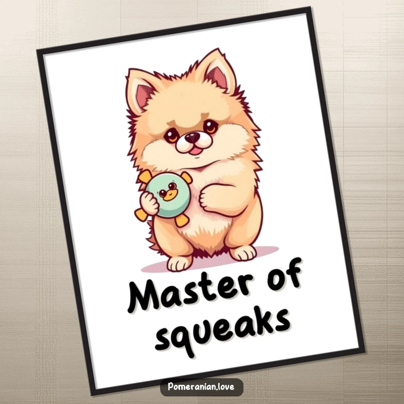 Funny Pomeranian poster of a proud dog with a squeaky toy, celebrating playtime and a triumphant moment.