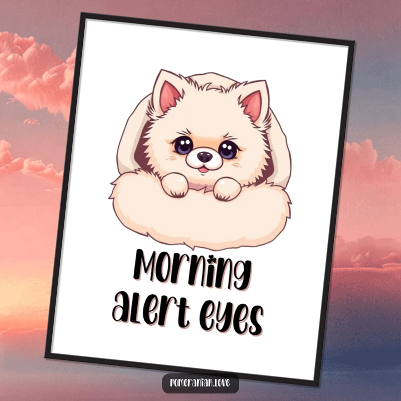 Funny Pomeranian poster, a fluffy dog peeking over the edge of a bed, with bright, curious eyes, creating an adorable scene.