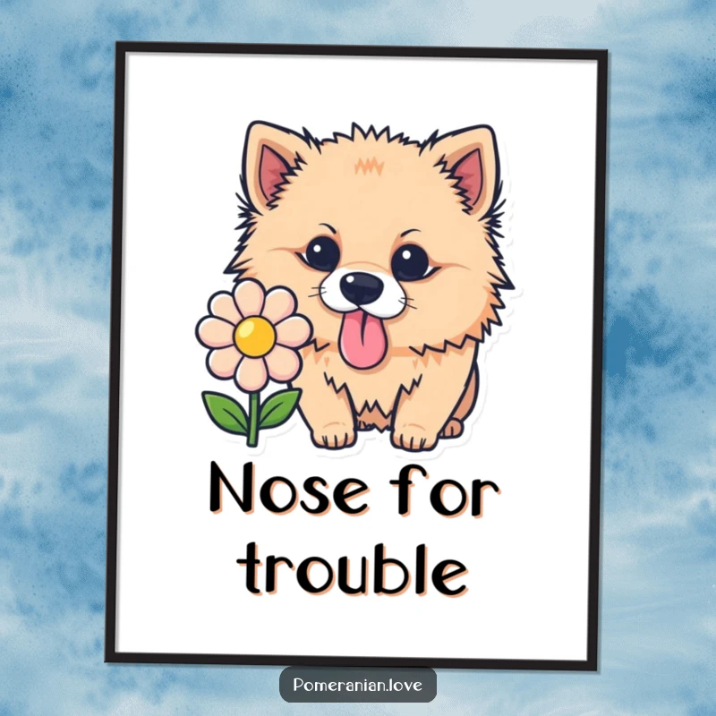 Funny Pomeranian poster, a cartoon dog with tongue out smelling a flower, cute and humorous wall art.