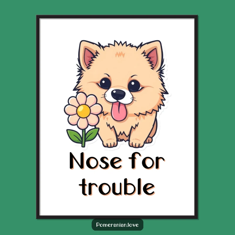 Funny Pomeranian Sniffing Flower Poster: Whimsical Wall Art for Dog Lovers