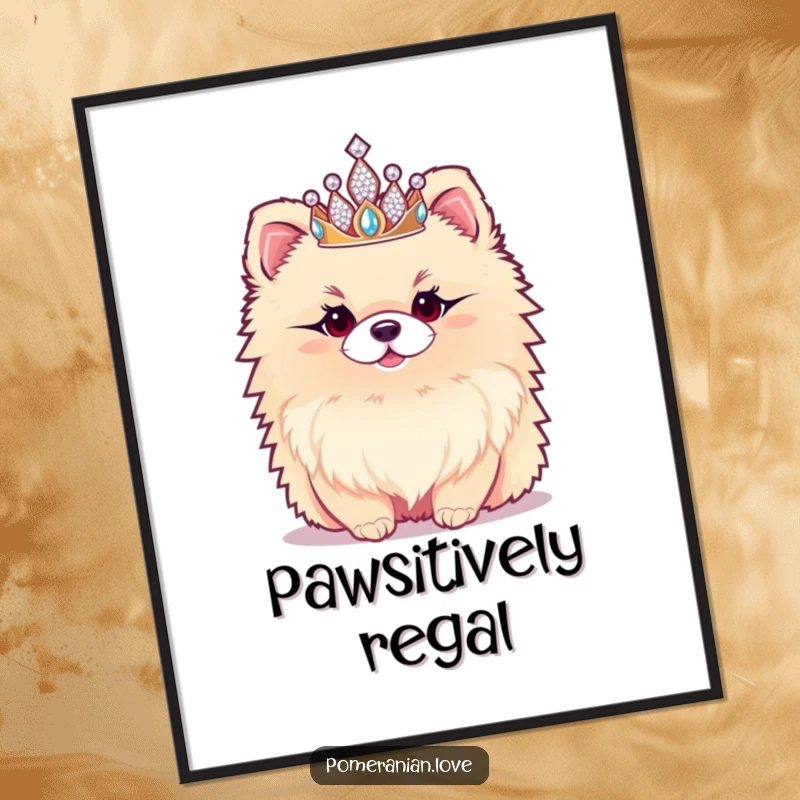 Funny Pomeranian Poster: An artistic depiction of a fluffy Pomeranian in a tiny sparkly tiara, exuding hilariously regal and majestic elegance.