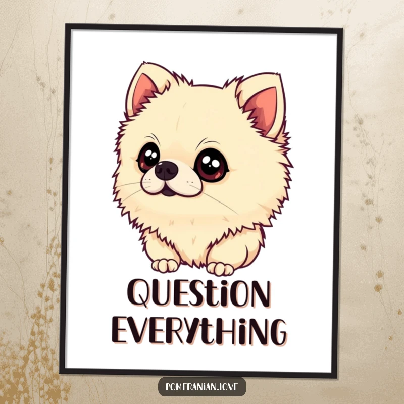 Funny Pomeranian Poster: An artistic depiction of a fluffy Pomeranian tilting its head with wide, innocent eyes, conveying adorable curiosity.