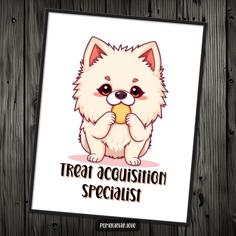 Funny Pomeranian poster depicting an alert dog poised and ready for a treat. Adds a humorous touch of eagerness and anticipation to decor.