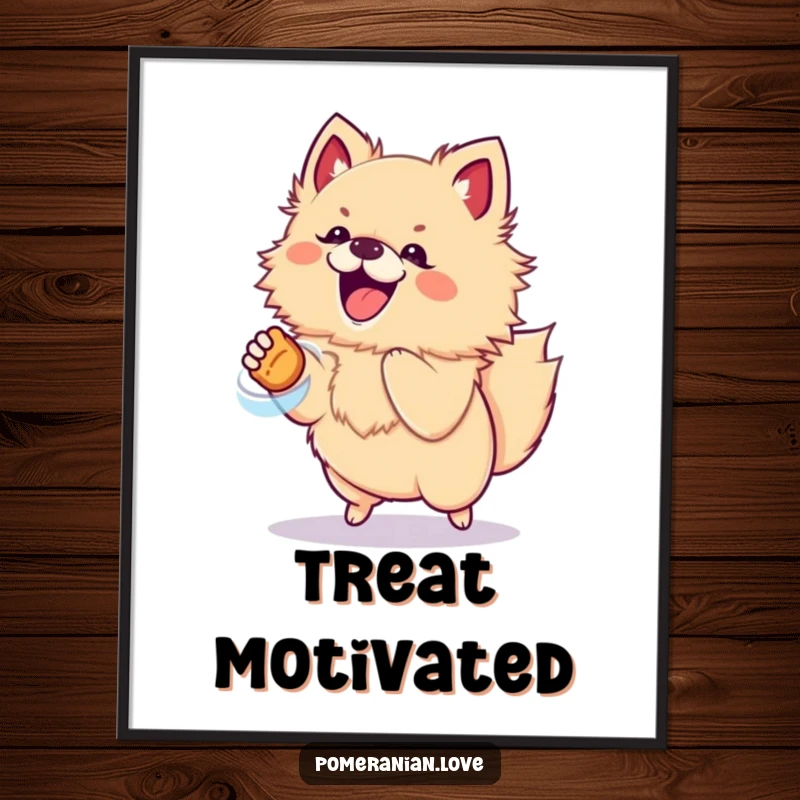 Funny poster art of an excited Pomeranian dog jumping for a treat, bringing dynamic humor to walls.