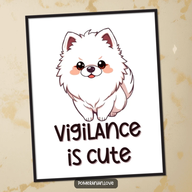 Funny Pomeranian dog with tail curled alertly over its back, featured as vigilant wall art on this poster.