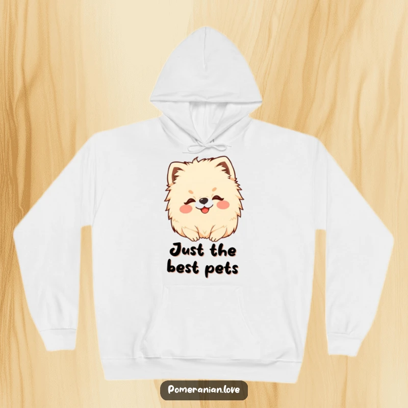 Funny Pomeranian hoodie showcasing a happy dog getting a soothing head scratch, ideal for cozying up.