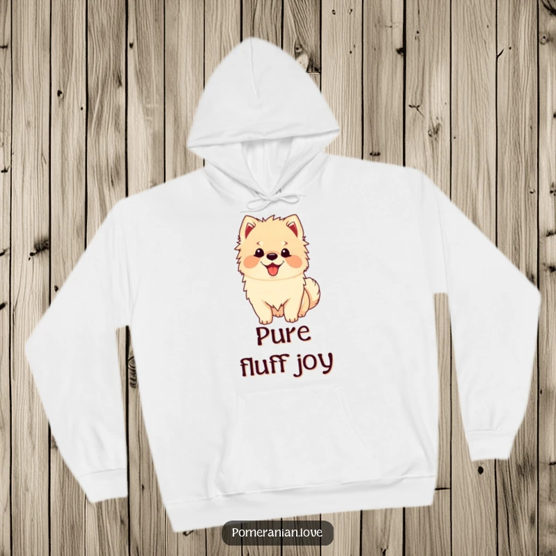 Funny Happy Pomeranian Hoodie: Cozy sweatshirt featuring a fluffy Pomeranian with a happy panting face, its tail a blur of excited wagging.