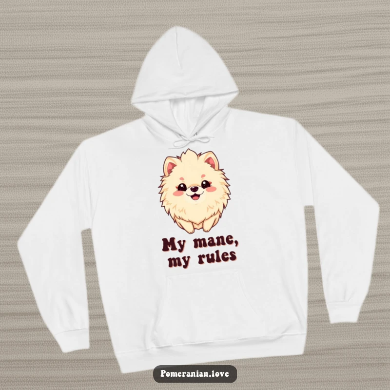 Funny hoodie featuring a smiling Pomeranian dog with an abundant, fluffy mane, offering warmth and humor.
