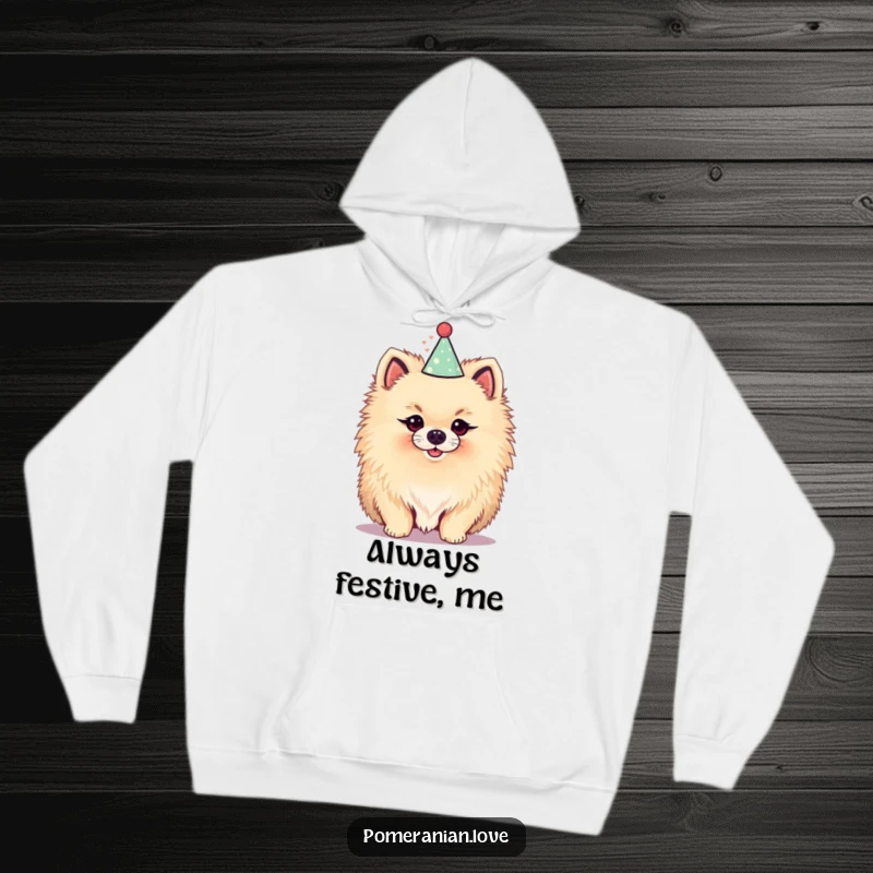 Funny hoodie displaying a fluffy Pomeranian in a party hat, perfect for staying warm while spreading festive and humorous vibes.