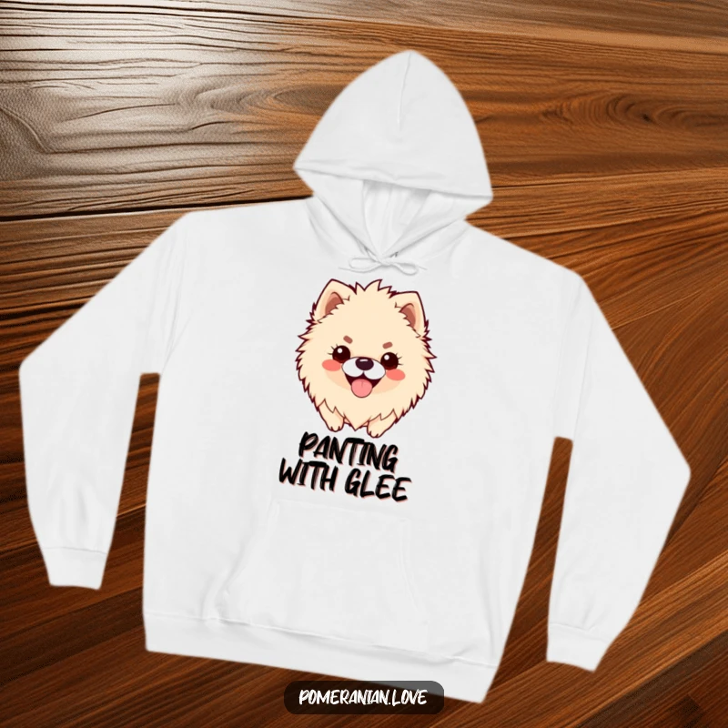 Funny hoodie featuring a fluffy Pomeranian with a joyful panting smile, offering comfort and a dose of happiness.
