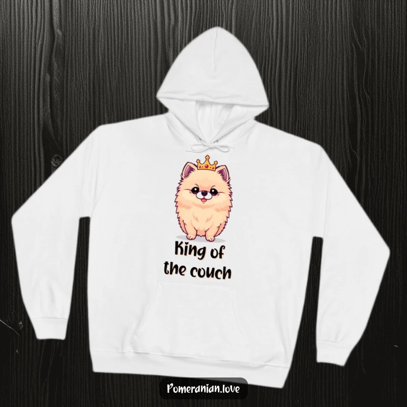 Funny hoodie depicting a proud Pomeranian wearing a small crown, offering cozy comfort and a touch of regality.