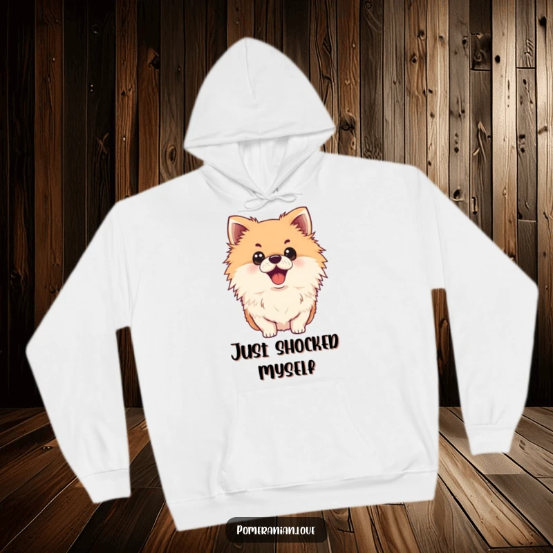 Funny surprised Pomeranian hoodie, wide eyes, open mouth, cozy, warm, great funny gift.