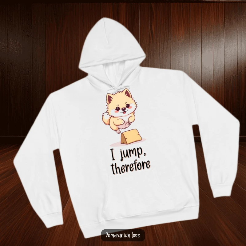 Funny Pomeranian Hoodie: A determined Pomeranian leaping over a tiny obstacle, radiating energy and a can-do spirit, perfect for cozy wear.