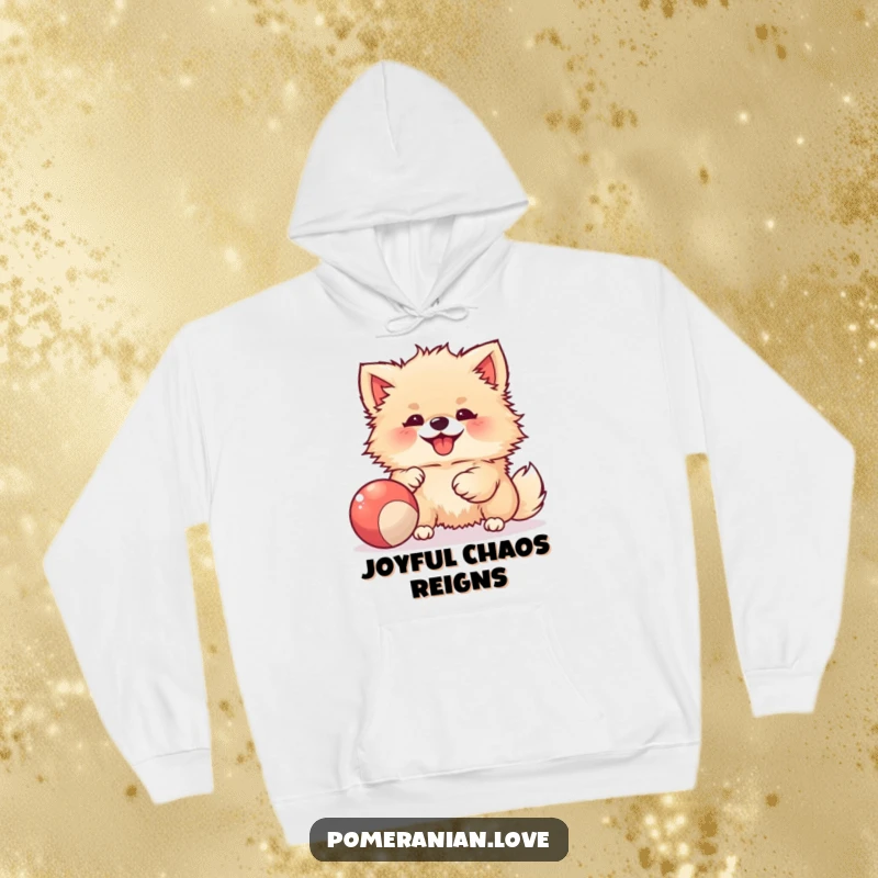 Funny hoodie depicting a joyful Pomeranian playing with a bouncy ball, offering cozy comfort and cheerful vibes.