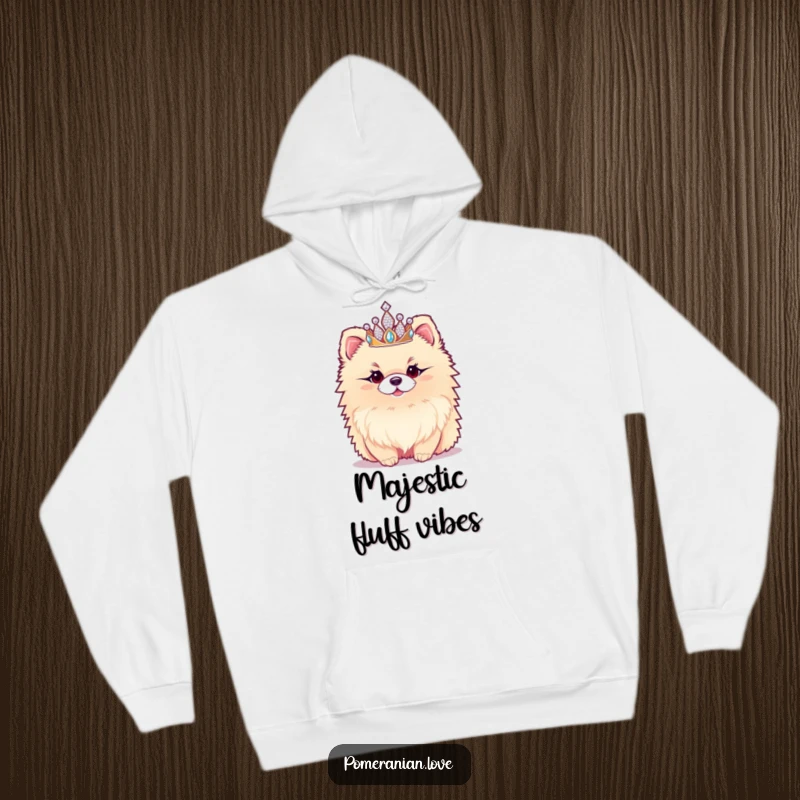 Funny Pomeranian Hoodie: A cozy hoodie showcasing a fluffy Pomeranian wearing a tiny sparkly tiara, exuding hilariously regal vibes.