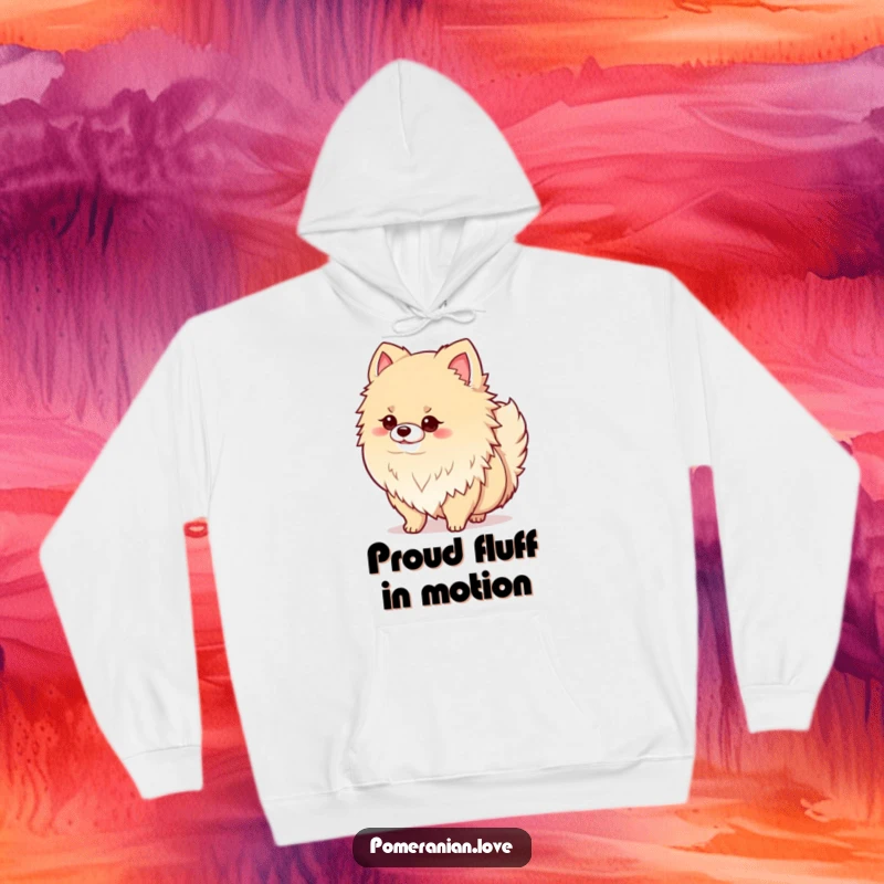 Funny and warm hoodie featuring a proud Pomeranian dog with fluffy fur wagging its tail enthusiastically, radiating joy.