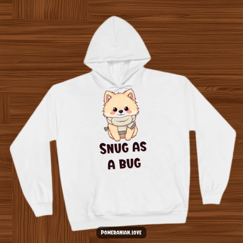Funny Pomeranian dog wearing a scarf, looking incredibly cozy, designed on a warm hoodie for ultimate comfort.