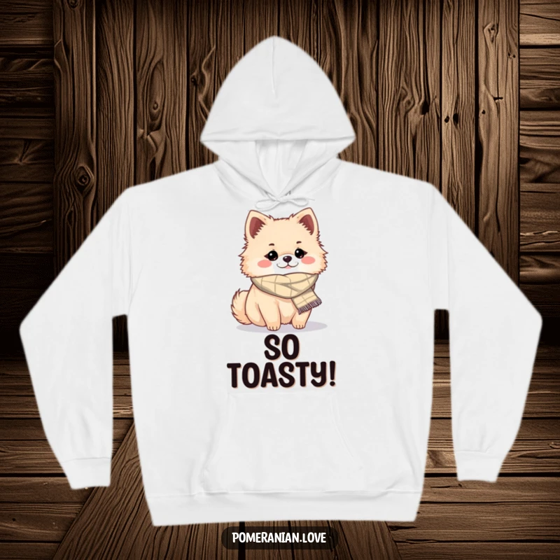 Funny cozy Pomeranian hoodie, a plush sweatshirt with a dog in a scarf, great funny gift.