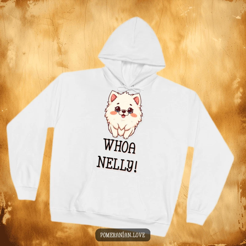 Funny surprised Pomeranian hoodie, snuggly and shocked, a warm and hilarious gift for dog lovers.