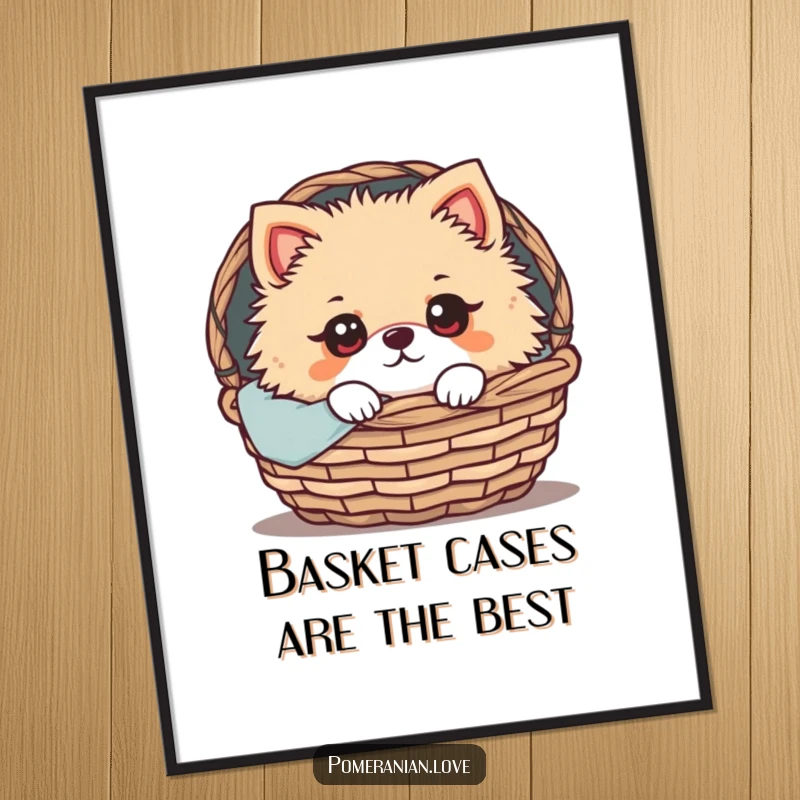Funny Free Printable Pomeranian Wall Art: Expressive-eyed pomeranian peeking from a cozy basket, charming downloadable art.