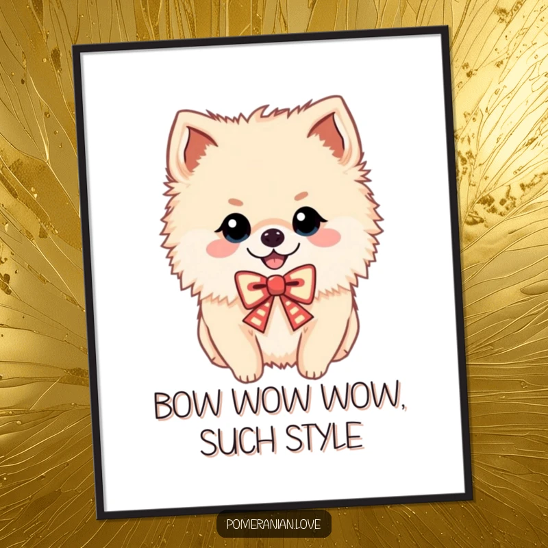 Funny Free Printable Wall Art of a cheerful Pomeranian dog wearing a small, festive bow, radiating happy vibes.