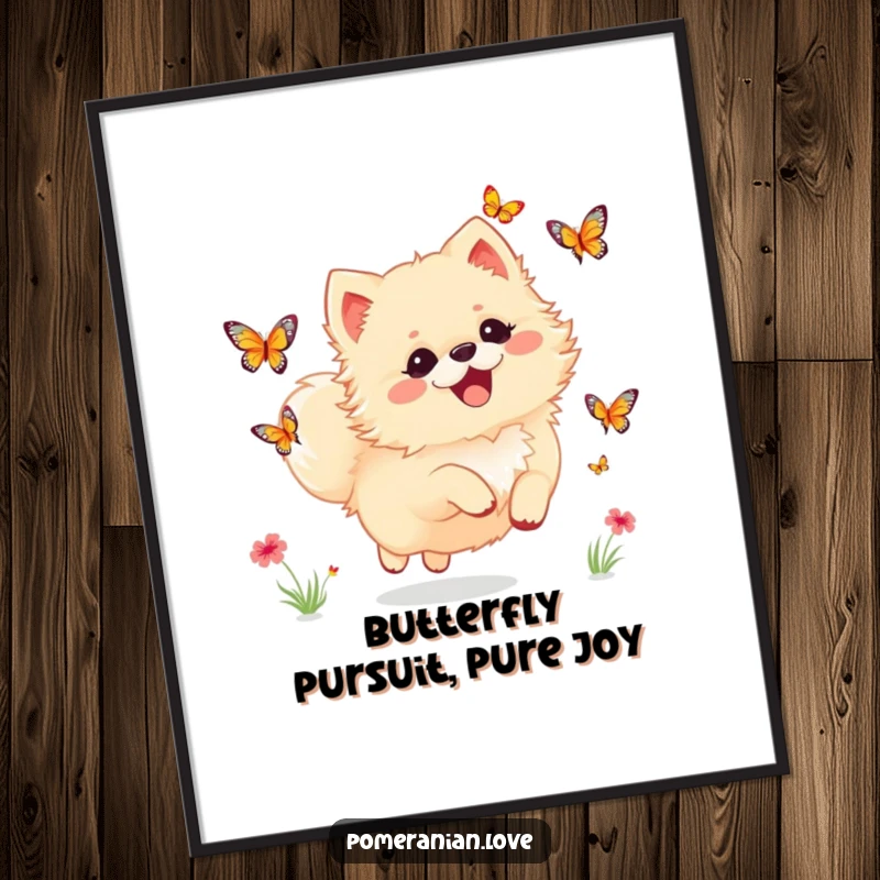 Funny Free Printable Wall Art: A happy Pomeranian dog joyfully chasing colorful butterflies in a vibrant, sunlit meadow.