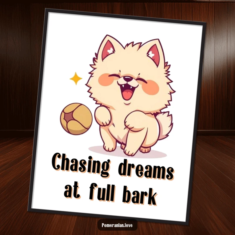 Funny free printable wall art, an energetic Pomeranian excitedly barking at a bouncing ball, full of playful spirit.