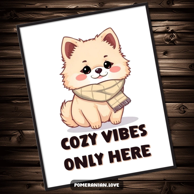 Funny Free Printable Wall Art: A cute Pomeranian wearing a small scarf, looking warm, snug, and incredibly cozy.