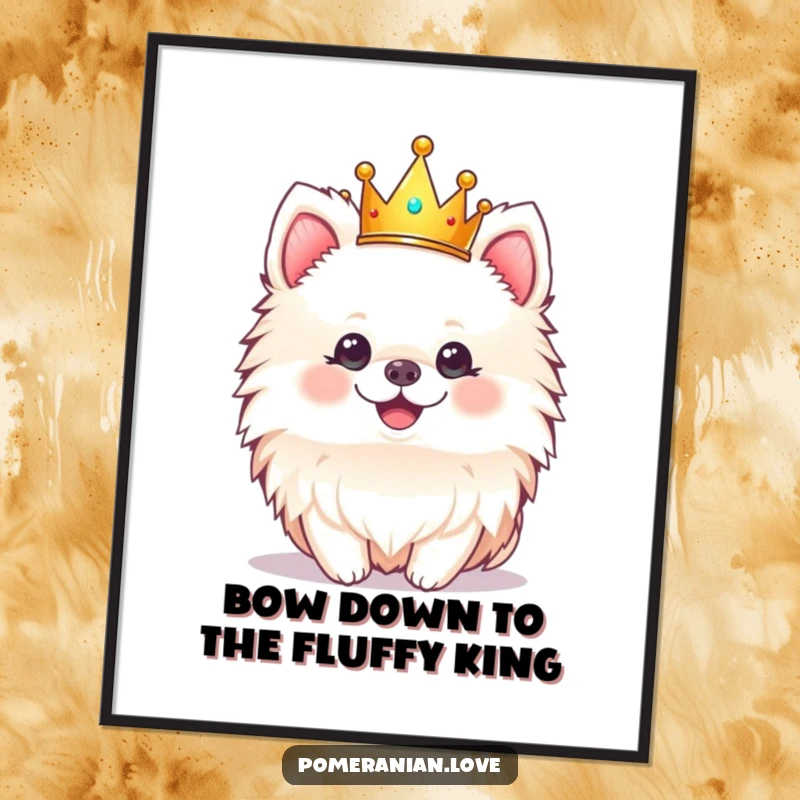 Funny Free Printable wall art of a cheerful pomeranian dog wearing a tiny, sparkling crown, adding regal flair.