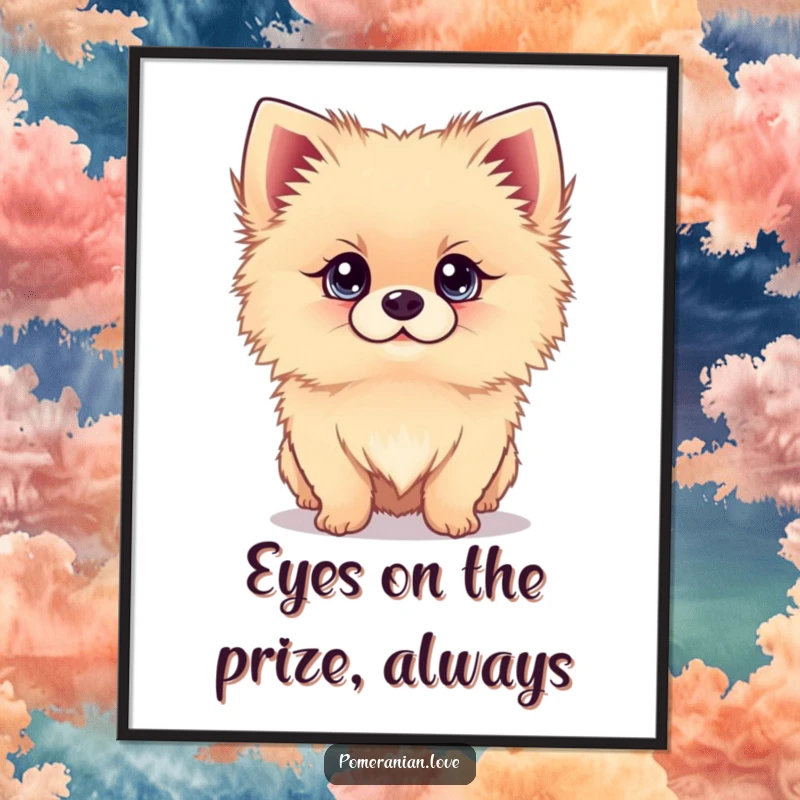 Funny Free Printable wall art of a charming pomeranian with wide, bright eyes looking up with an endearing expression.