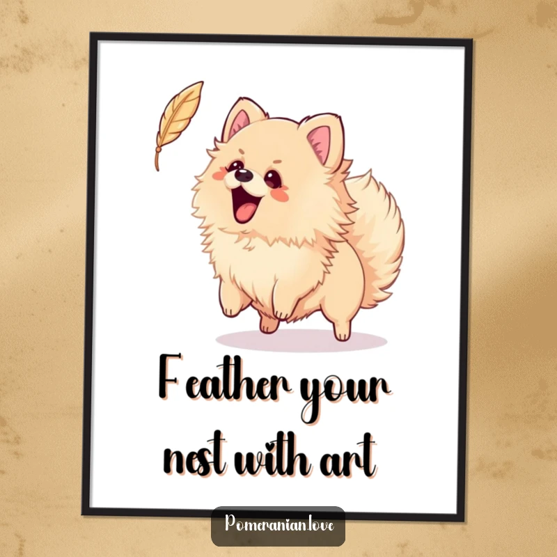 Funny Free Printable Wall Art: Pomeranian wagging tail, excitedly chasing a falling feather, playful dog art decor.