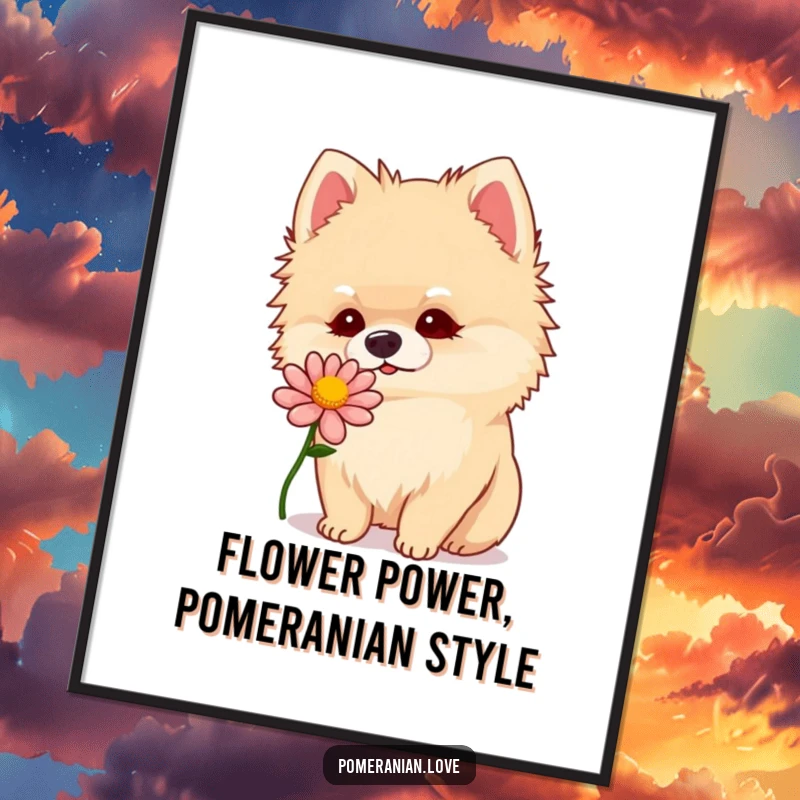 Funny Free Printable Wall Art depicting a curious Pomeranian dog with a head tilt, sniffing a beautiful flower.