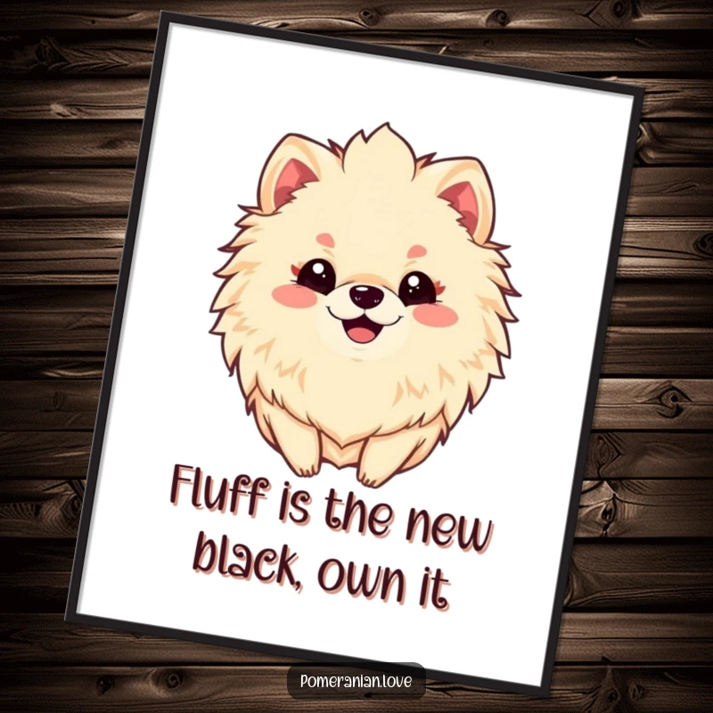 Funny Free Printable Wall Art of a smiling Pomeranian with an incredibly fluffy mane, radiating pure, infectious joy.