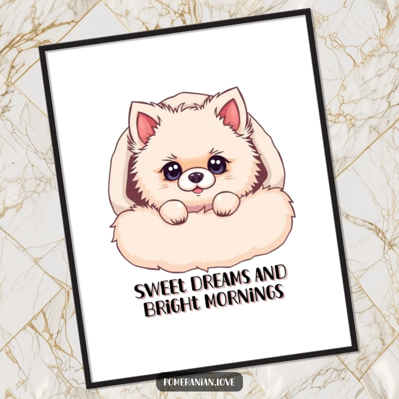 Funny Free Printable Wall Art of a curious Pomeranian peeking from a fluffy bed, its bright eyes full of wonder and charm.