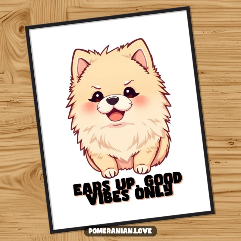 Funny Free Printable Wall Art of a joyful Pomeranian with its ears perked, listening intently with an adorable and attentive expression.