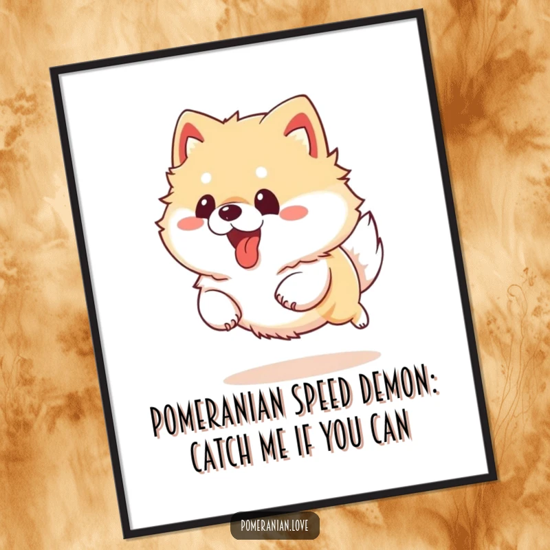 Funny Free Printable Pomeranian Wall Art: A fluffy Pomeranian captured mid-run with its tongue out, full of life and playful spirit.